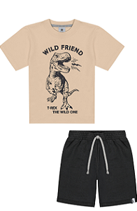 Conjunto Infantil Masculino Camiseta T-Rex E Bermuda - Bege E Cinza - Abrange - Ref 17593