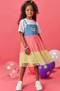 Conjunto de Vestido em Malha Power e Sobreposição em Jeans e Tule - Ref 76820 - Infanti