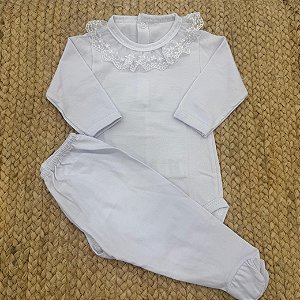 Conjunto Bebe Menina Com Body Gola Bordada e Mijão Com Pezinho - Bilu Teteia