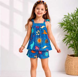 Conjunto Feminino INfantil - Estampado - Alça Amarrar - Blusa Bata e Short Com Elástico