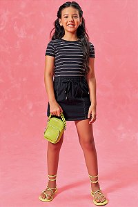 Conjunto de Blusa Baby Look em Cotton Listrado e Short Saia em Linho Santorinio - Ref 77708 Lilimoon