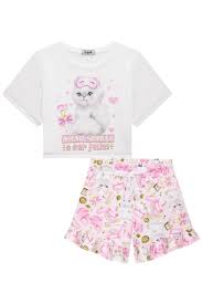 Conjunto de Pijama Feminino Infantil de Blusa Boxy Over e Shorts em Malha Comfy Ref - 75067 - Kukiê