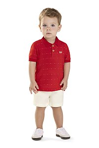 Conjunto Masculino Infantil Camisete Polo Vermelha e Bermuda Sarja Off - Coloritta - Ref 72226