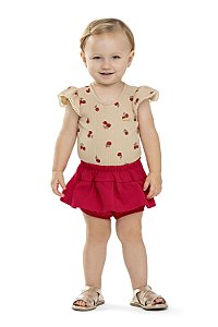 Conjunto Feminino Infantil Body Bege com flor Vermelha e Short Saia Vermelha - Colorittá - Ref 71213