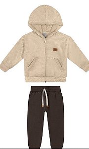 Abrigo Conjunto Infantil Menino - Jaqueta Ziper e Capuz Pelúcia - Colorittá - Bege/Marrom - Ref 72271