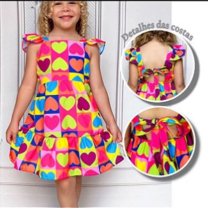 Vestido Feminino Infantil Alça e Detalhe de Amarrar nas Costas - Colorido Coração Colorido