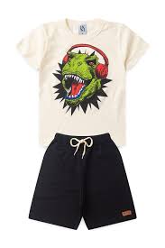Conjunto Masculino Infantil Dinossauro Camiseta Off e Bermuda Moletinho Preta Música Jurássica