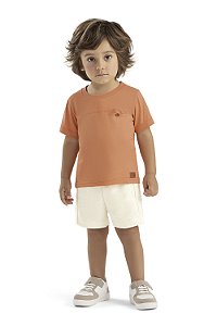 Conjunto Infantil Masculino com Camiseta Laranja em Meia Malha e Bermuda Off em Moletinho Linho - Colorittá - Ref 72194