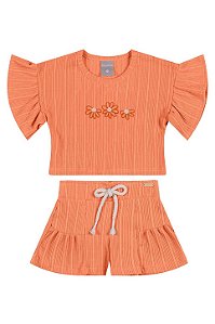 Conjunto Infantil Feminino - Blusa Laranja Flor e Short Canelado - Colorittá - Ref 73432