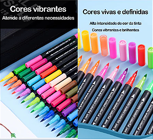 Kit 60 Canetinhas Cores - Caneta 2 em 1 - Brush Lettering e Ponta Fina - Dual Pen - Canetinha Colorir Desenho