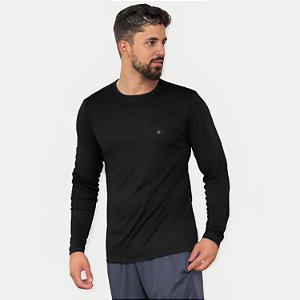 CAMISETA VOLEIO MANGA LONGA FITNESS LISA PRETA COM  PROTEÇÃO UV  MASCULINA ADULTO