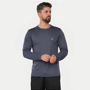 CAMISETA VOLEIO MANGA LONGA FITNESS LISA CINZA COM PROTEÇÃO UV  MASCULINA ADULTO