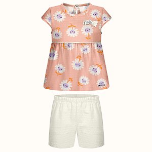 CONJUNTO DE VERÃO ALAKAZOO SHORT COM BLUSA MANGA CURTA MALHA FEMININO INFANTIL
