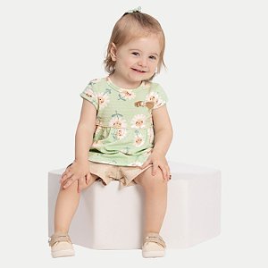CONJUNTO DE VERÃO ALAKAZOO SHORT COM BLUSA MANGA CURTA MALHA FEMININO INFANTIL