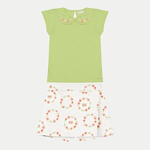 CONJUNTO DE VERÃO ALAKAZOO SHORT SAIA COM BLUSA MANGA CURTA MALHA FEMININO INFANTIL