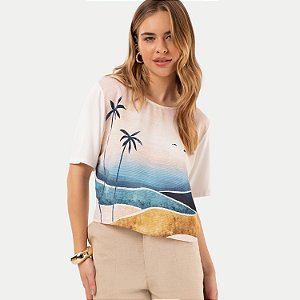 BLUSA LUNENDER MANGA CURTA MISTA ESTAMPADA OFFWHITE FEMININA ADULTO