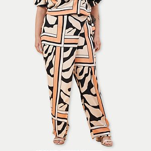 CALÇA LISAMOUR VISCOSE BEGE PANTALONA ESTAMPADA FEMININA