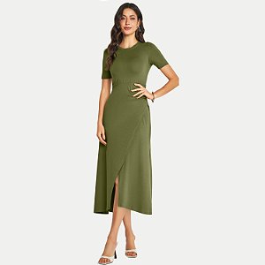 VESTIDO DOCE TRAMA MANGA CURTA MALHA MIDI VERDE FEMININO ADULTO