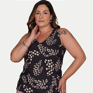 BLUSA KENIA CAMÕES REGATA PRETA DE POLIESTER ESTAMPADA FEMININA ADULTO