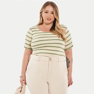 BLUSA LISAMOUR MANGA CURTA MALHA CANELADA LISTRADA VERDE FEMININA ADULTO