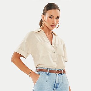 CAMISETE DOCE TRAMA MANGA CURTA SLIM LINHO OFFWHITE FEMININA ADULTO