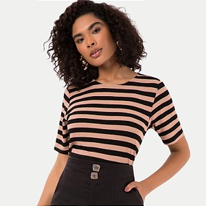 BLUSA LUNENDER MANGA CURTA  MALHA CANELADA LISTRADA BEGE FEMININA ADULTO