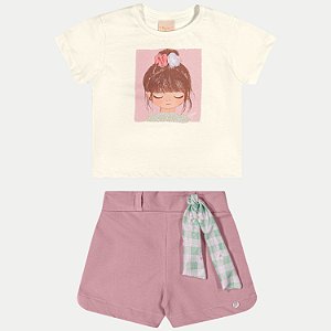 Conjunto Infantil Menina SANMIO Verão 2025 - Blusa Manga Curta E Shorts Cores Contrastantes