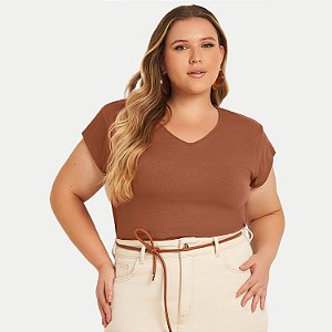 BLUSA LISAMOUR MANGA CURTA MALHA CANELADA MARROM FEMININA ADULTO