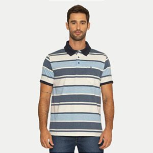 POLO PITT MANGA CURTA COMFORT MALHA LISTRADA AZUL JEANS MASCULINA ADULTO
