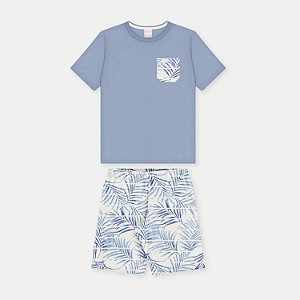 CONJUNTO VERÃO ALAKAZOO BERMUDA E CAMISETA MANGA CURTA AZUL DE  MALHA MASCULINO INFANTIL