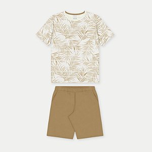 CONJUNTO VERÃO ALAKAZOO BERMUDA E CAMISETA MANGA CURTA BEGE DE MALHA MASCULINO INFANTIL