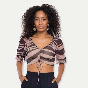 BLUSA DOCE TRAMA 3/4 TULE ESTAMPADO PRETO CROPPED FEMININO ADULTO