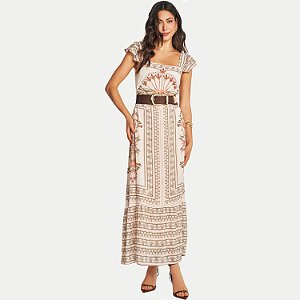 VESTIDO DOCE TRAMA MANGA CURTA MISTO ESTAMPADO FEMININO ADULTO