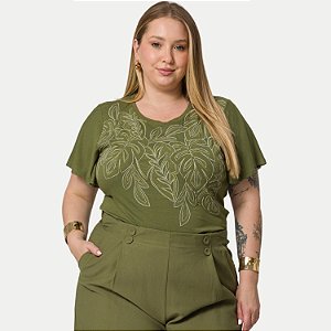 BLUSA LISAMOUR MANGA CURTA DE VISCOLYCRA BORDADA VERDE FEMININA ADULTO