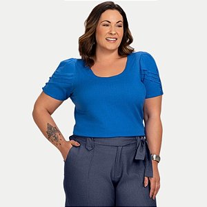 BLUSA KENIA CAMÕES MANGA CURTA VISCOLINHO AZUL FEMININA ADULTO