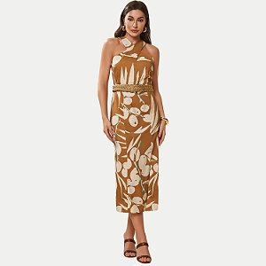 VESTIDO DOCE TRAMA REGATA VISCOLINHO ESTAMPADA MARROM FEMININO ADULTO