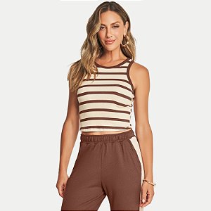 BLUSA DOCE TRAMA REGATA MALHA CANELADA MARROM FEMININO ADULTO