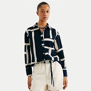 CAMISETE HERING MANGA LONGA COMFORT ALGODÃO ESTAMPADA AZUL MARINHO FEMININA ADULTO