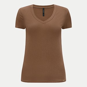 BLUSA LUNENDER MANGA CURTA MALHA CANELADA MARROM FEMININO ADULTO