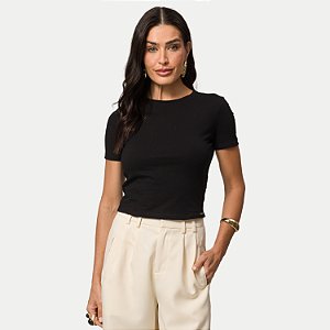 BLUSA DOCE TRAMA MANGA CURTA ALGODÃO PRETA FEMININA ADULTO