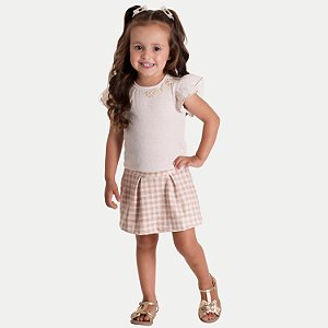 CONJUNTO VERÃO RANDA MUNDU SAIA E BLUSA MANGA CURTA DE LINHO BEGE FEMININO INFANTIL