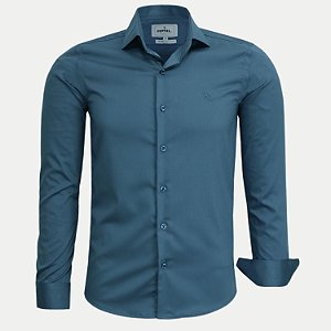CAMISA AMIL MANGA LONGA SLIM MISTA LISA SEM BOLSO PETROLEO MASCULINO ADULTO