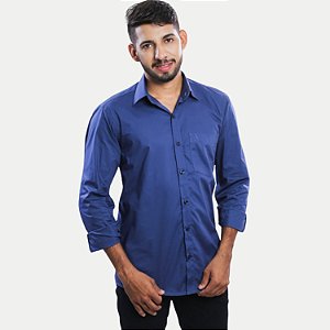 CAMISA AMIL MANGA LONGA COMFORT ALGODÃO FIO 60 COM BOLSO AZUL MARINHO MASCULINO ADULTO
