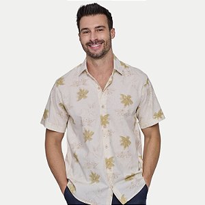 CAMISA AMIL MANGA CURTA COMFORT LINHO ESTAMPADA BEGE MASCULINO ADULTO