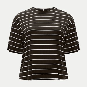 BLUSA LUNENDER MANGA CURTA MALHA CANELADA LISTRADA MARROM FEMININO ADULTO