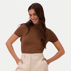 BLUSA LUNENDER MANGA CURTA  VISCOLYCRA GOLA ALTA MARROM  FEMININO ADULTO