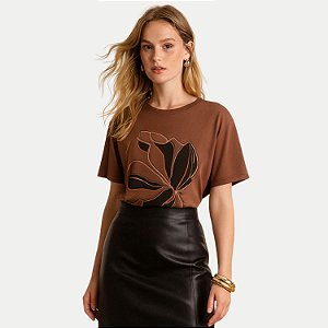 BLUSA LUNENDER MANGA CURTA T-SHIRT ALGODÃO SILKADA MARROM FEMININO ADULTO