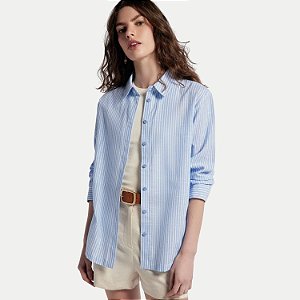 CAMISETE HERING MANGA LONGA COMFORT ALGODÃO LISTRADA AZUL PASTEL FEMININO ADULTO