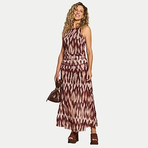 VESTIDO DOCE TRAMA REGATA TULE ESTAMPADO MARROM FEMININO ADULTO