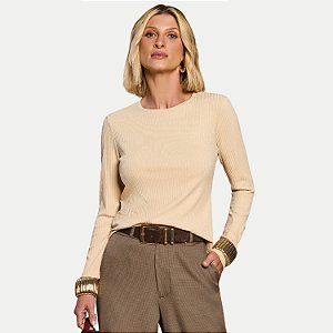 BLUSA DOCE TRAMA MANGA LONGA MALHA CANELADA BEGE FEMININO ADULTO